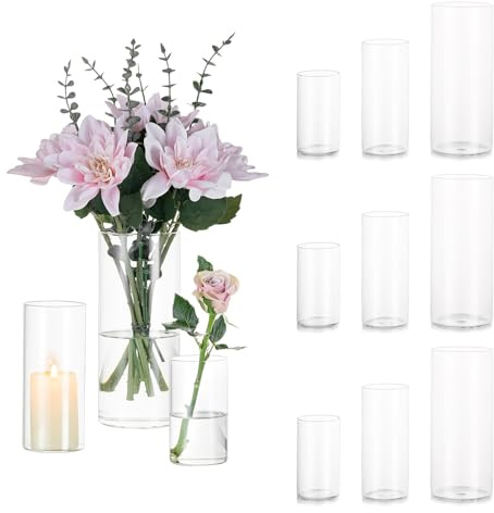 Glasseam Deko Vase Glas Zylinder Tischdeko, 12er Klar Vasen Set für Kerzen | Glaszylinder Windlicht, Blumenvase Modern Glasvase, Tulpenvase, Tischvase, Hochzeit, Wohnzimmer, 10x5.5/15x6.5/20x8.5cm