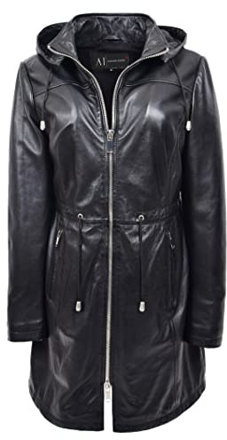 Luna Damen-Jacke aus echtem Leder, 3/4-Länge, Schwarz, Trench, abnehmbare Kapuze, Duffle-Mantel, Schwarz , 42