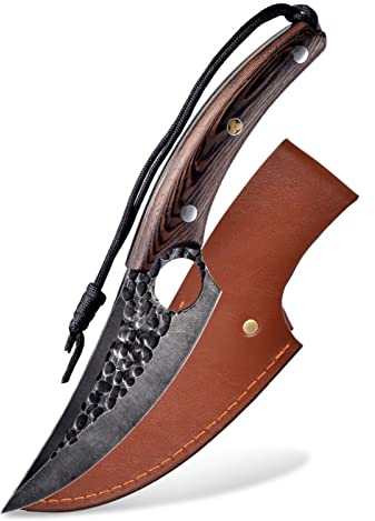 Fubinaty Chefs Knife Handmade Forged Kitchen Knives 5 Inch High Carbon Steel Cooking Knife with Thicken Leather Sheath and Lanyard Full Tang Wenge Wood Handle Japanese Style Chef Knife