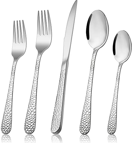 Herogo Besteck Set, 30-teiliges Edelstahl Besteckset für 6 Personen, Elegantes Hammergriff Silberbesteck Essbesteck mit Messer Gabel Löffel, Spülmaschinenfest/Rostfrei/Poliert
