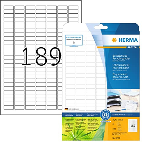 HERMA 10700 Recycling Etiketten, 20 Blatt, 25,4 x 10 mm, 189 pro A4 Bogen, 200 Stück, selbstklebend, bedruckbar, matt, blanko Recycling-Papier Klebeetiketten Aufkleber, natur-weiß