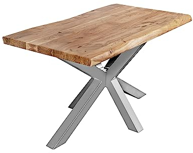 SAM Esstisch 160 x 85 cm Cali, Baumkantentisch naturfarben, Akazienholz massiv, Spider-Gestell aus Metall Silber, aufgedoppelte Kanten 25+25 mm