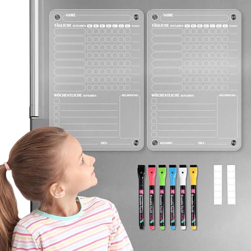 BIROYAL 2er Magnetisch Wochenplaner Kinder mit 6 Stifte, 20x30cm To Do Liste Abwischbar, Routine Planer Kinder, Aufgabentafel Kind für Kühlschrank, Belohnungstafel Mädchen Jungen ab 6, Tagesablauf