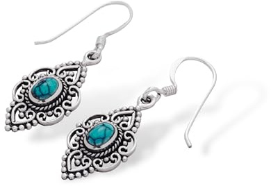 Vintage Ohrringe 925 Sterling Silber mit Türkis Stein – Elegante Silber Ohrhänger Damen – Boho Ornament Ohrringe – Retro Schmuck Geschenk für Frauen