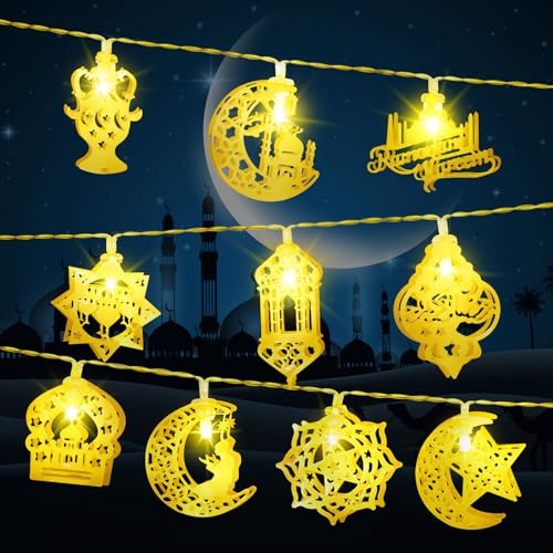 Ramadan Lichterkette, 1.5M 10LEDs Eid Dekorationen Mubarak Islam Batteriebetrieben Stern Mond Lichterketten mit Timer IP65 Wasserdicht, für Ramadan Eid Party Home Garten Innen Außen-Warmweiß