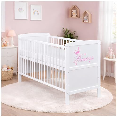 Generisch Baby Delux Babybett 70x140 Kinderbett umbaubar zum Juniorbett weiß 140x70 mit Aloe Vera Matratze und Beißschienen (Princess)