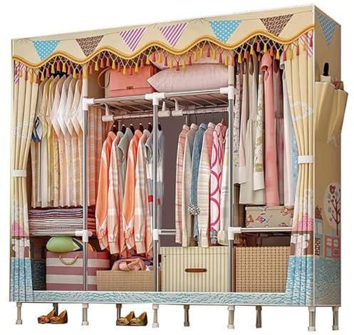 Tragbarer Kleiderschrank aus Stoff zum Aufhängen von Kleidung mit 4 Hängestangen und 3 Ablagefächern, Kleiderständer mit 2 Seitentaschen für Schlafzimmer (Farbe: B, Größe: 166 x 46 x 172 cm)