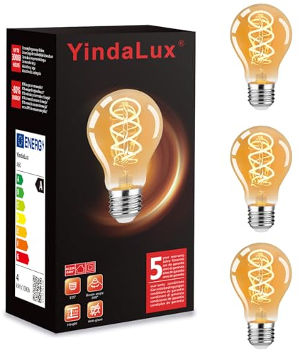 YindaLux Glühbirne E27 LED Warmweiss 2200K Filament Lampe Edison Vintage Leuchtmittel 4W Energiesparlampe Retro Birne Deko für Haus Café Bar 3er A60