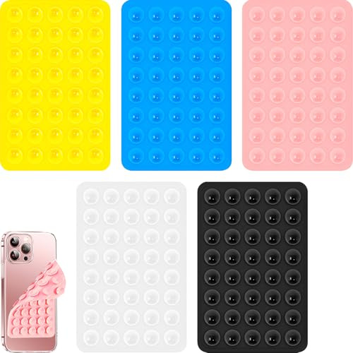 Aswewamt 40 Grain Double Sided Suction Cup Phone Holder, 5 Pcs Silicone Anti-Slip Suction Cup Mobile Phone Holder Mat, Black, White, Pink, Blue, Yellow