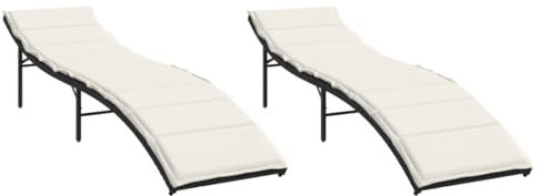Gecheer 2 STK. Sonnenliege, Gartenliege mit Auflage, Strandliege Relaxliege Saunaliege Gartenmöbel Liege Schwarz Poly Rattan