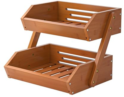 CALM COZY Soporte de bambú para Cesta de Frutas,2 Niveles Estante para Frutas,Cesta de Almacenamiento de Pan, Soporte para Verduras para encimera de Cocina, Bambú Marrón