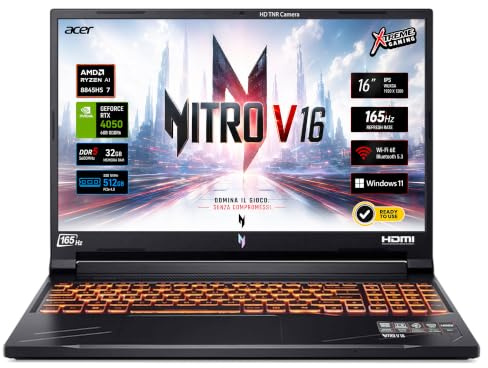 Acer Nitro V16, Notebook gaming, cpu Ryzen7 8845HS, RAM 32Gb DDR5, SSD Pci 512Gb, Display 16 IPS 165Hz WUXGA 1920X1200, Svga GeForce RTX4050 6Gb, Tastiera Retroilluminata, Win 11 - Preconfigurato