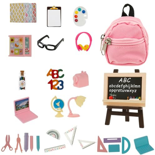 34Pcs Mini School Supplies Miniature Doll School Supplies Dollhouse Mini School Set Backpack Blackboard Clipboard Blackboard Laptops Rulers Crayon Playset Mini Book Doll House School Accessories
