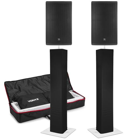 2x PD415A Active DJ Speaker Package, 15 Powered Speakers, Adjustable Plinth Stands with Lycra Scrim, Bi-Amplified System, Bluetooth Streaming, Professional DJ Speaker Kit