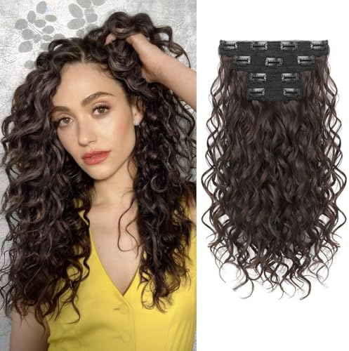 REECHO Curly Hair Extensions, 4PCS 16 inch Clip in Hair Extensions Lace Weft Short Curly Hair Extensions Clip Ins Invisible Natural Hairpieces for Women, Chocolate Brown