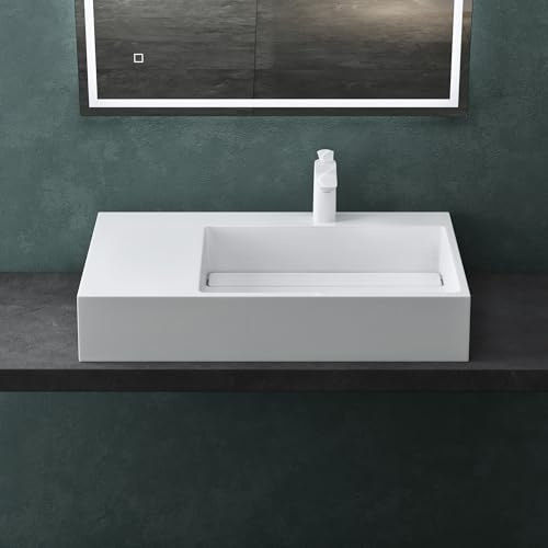 Mai & Mai Waschbecken 75x43x14cm aus Mineralguss Weiß | Aufsatzwaschbecken Hängewaschbecken Waschtisch Waschplatz ohne Überlauf Becken rechts Colossum12