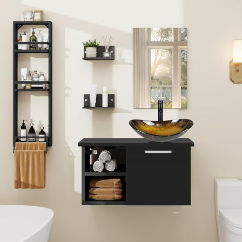 YU YUSING Set di Mobili da Bagno con Lavabo, Specchio, Portasciugamani | Arredo Bagno Completo, Mobile Lavandino Bagni da 71cm, Mensola Doccia 3 Ripiani, 2 Ripiani Muro, Set Rubinetti, Oro Moderno