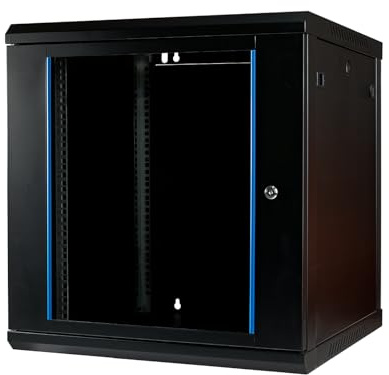 Netzwerkschrank 19 Zoll 12HE I 600 mm Tiefe I Serverschrank Schwarz | montiert | Wandmontage I abschließbare Glastür I voll montiert I 100 kg Traglast I 600×600×636 mm (Schwarz - 60cm, 12HE)