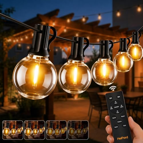 HeiPard LED Ljusslinga Utomhus 30M, 50+3 G40 Glödlampor med Fjärrkontroll, IP45 Vattentät Fairy Lights med 4 Ljusstyrkor, Timer och Minnesfunktion för Trädgård, Bröllop, Fest