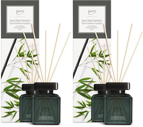 ipuro - Essentials Raumduft Black Bamboo 200ml | Raumerfrischer mit Jasmin, Zitrone, Apfel, & Holzige Amber-Moschus Note Duft Aroma | Diffuser mit Stäbchen | Lufterfrischer für die Wohnung