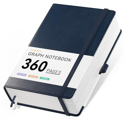 NORDUN Taccuino a quadretti in formato A5, 360 pagine, copertina rigida in pelle con note adesive e tasca interna, 100 g/m², a quadretti, per uomini e donne, per scuola, ufficio, casa, 14,5 x 21 cm