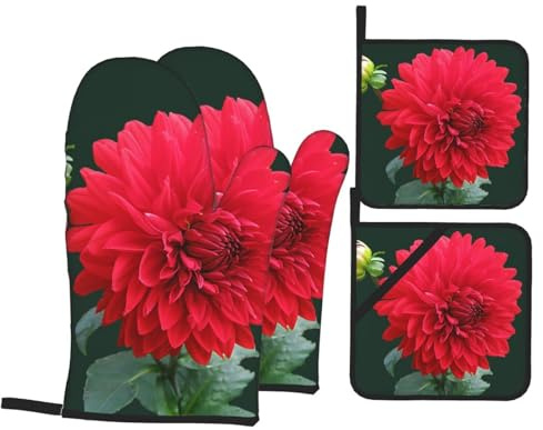 Dahlia Rouge, Ensemble de 4 maniques et maniques, Gants de Cuisine résistants à la Chaleur