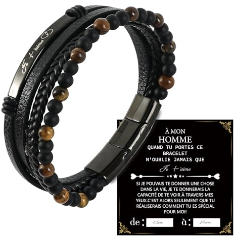 Merclix Cadeau Homme Saint Valentin Bracelet Cuir Homme Anniversaire Je T'aime Idée Cadeaux Mari Copain Couple Cadeau Noël Original