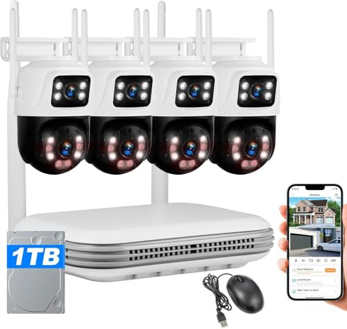 KERUI Outdoor Surveillance Camera Set WiFi with 8 CH NVR 4 Pcs 6MP Color Night Vision Dual Lens 360° Wide Angle Camera Surveillance People Detection Auto Track 2-way Audio with 1TB HDD for 24/7