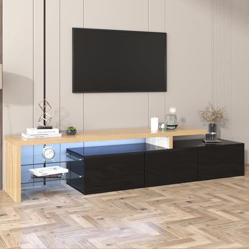 BTM Meuble TV 200 cm avec 7 Couleurs LED, 3 Portes et Étagères en Verre, Moderne Meuble Banc Tele Bas, Meuble Télé Longueur pour Salon, Bois & Noir Brillant