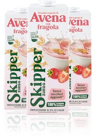 Zuegg Skipper, Bevanda Vegetale di Avena con Frutta Gusto Fragola, Senza Zuccheri Aggiunti, Senza Lattosio - Fonte di Vitamine B12, B2, D2 e Calcio, 100% Origine Naturale (Fragola, 1L x 3 Brick)