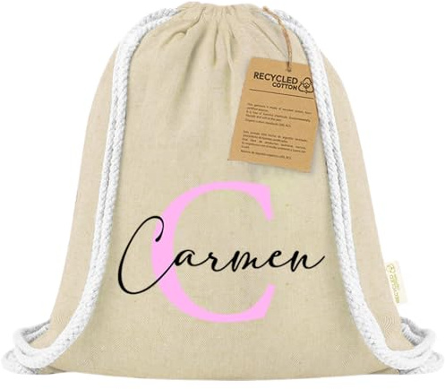 Xusilimo Mochila Infantil de Cuerdas en Algodón Reciclado, Ligera y Resistente, Perfecta para Niños, Vuelta al cole, Diseño Iniciales (Inicial + Nombre, Natural)