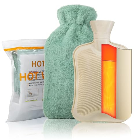 TOHDNC Bolsa de Agua Caliente de 2L, Grande Botella Agua Caliente para Cama con Desmontable y Lavable Suave Funda Botellas Goma Hot Water Bottle para Calentar Manos o Alivio del Dolor (Green)