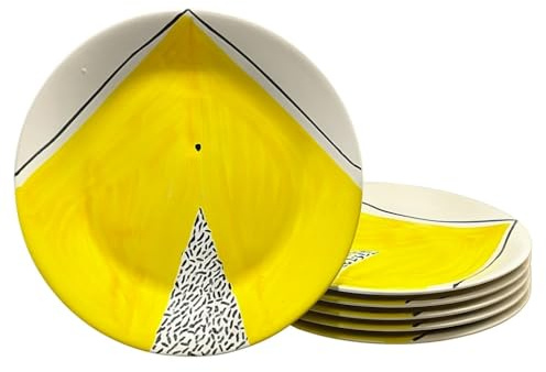 Lot de 6 assiettes plates en céramique artisanale Ø 24 cm style vietrese – Peints à la main avec décor géométrique jaune – Assiettes de service et table méditerranéenne – Complement mobilier