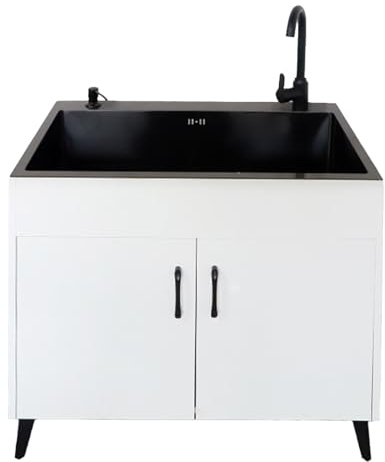 Fregadero de cocina de acero inoxidable con grifo extraíble y fregadero de baño negro, incluye consola y soporte, ideal para soluciones de almacenamiento de cocina, restaurante, patio trasero