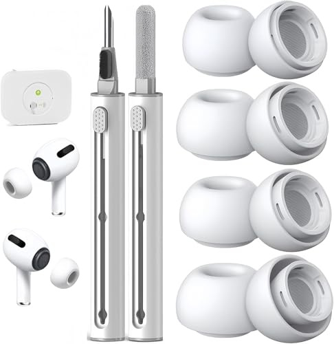 4 Paar Ersatz Ohrstöpsel für 2025 AirPods Pro 3 mit 2 Stück 3-in-1-Reinigungsstift, weiße Silikon Ohrstöpsel mit tragbarer Aufbewahrungsbox (Weiß 4 Paar-M)
