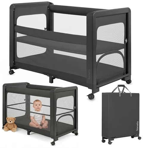 LIONELO Patty 5-i-1 Resesäng & Babysäng med Co-Sleeping, Tvånivå Spjälsäng, Hopfällbar Fristående Säng med Hjul och Broms, Ventilerande Nätväggar, Madrass 2 cm, Transportväska, upp till 15 kg, Grå