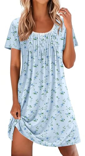 Ekouaer Nattlinne Dam Kortärmad Sovskjorta Dam Sommar med Blomtryck Lös Knälång Nattklänning Bekväm Loungewear Mjuk Sovskjorta, blå, XXL
