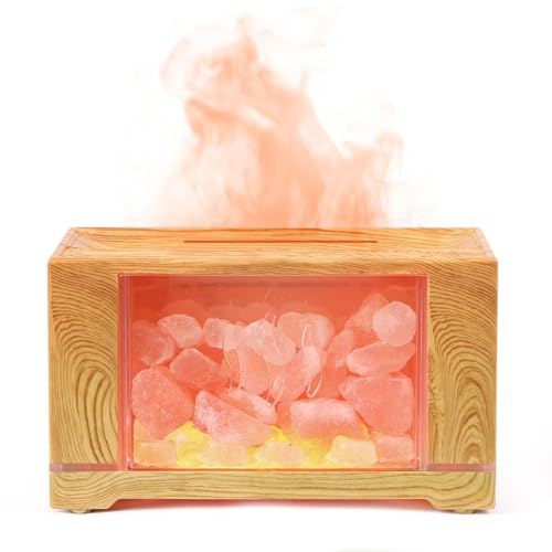 Fefod Diffuseur d'huiles Essentielles & Lampe en Cristal de Sel Himalaya, Diffuseur d'aromathérapie avec Lumière Effet Flamme, Humidificateur à Brume Froide Luminosité Multicolore, Pour Maison, Bureau