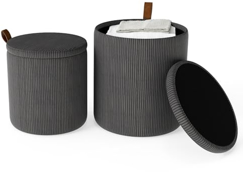 COSTWAY 2er Set Sitzhocker mit Stauraum 25L / 40L, stilvoller Hocker mit Deckel, Schminkhocker Cord, Fußhocker verschachtelbar, Polsterhocker rund, für Wohnzimmer, Schlafzimmer & Flur (Dunkelgrau)