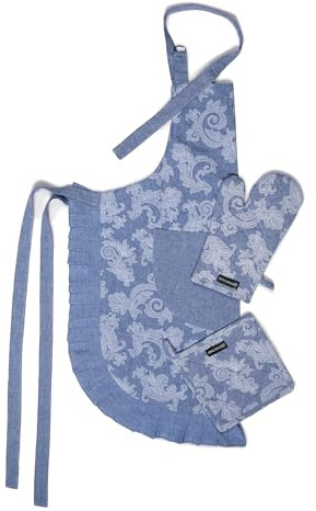 Encasa XO Grembiule da Cucina, Guanti da Forno e Presina Blu floreale