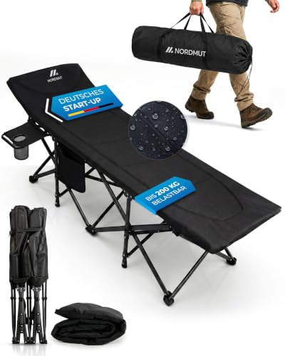 NORDMUT® Feldbett klappbar mit komfortabler Matratze - stabiles Campingbett bis 200 kg belastbar - Premium Gästebett faltbar für Camping, Garten & Gäste (Anthrazit, mit Auflage)