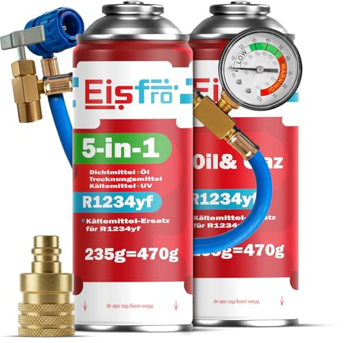 Eisfro - Air Conditioning Recharge Kit R1234yf – Car AC Recharge Gas 5in1 XL with Oil, Sealant, UV Dye and Desiccant + R1234yf 235 g, with AZ Adapter and Hose