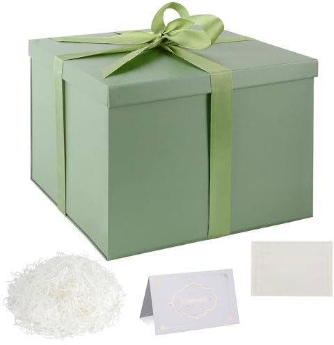 Set Scatola Regalo, Scatole Regalo Verde con Coperchi 24 x 24 x 18 cm Scatola Regalo Profondo con Nastro Biglietti Auguri Carta Velina Tagliuzzata per Natale Compleanno Matrimonio
