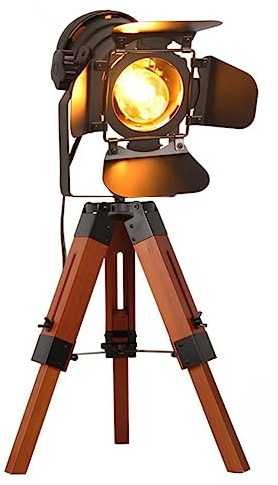 Decoluce Industrial Tripod Floor Table Lamp Vintage Wood Cinema Searchlight Standing Lighting Fixtures Nautical Spotlight Decorations-Not Include E26 Bulbs (Cinema)