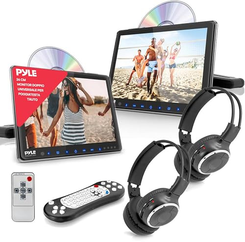 Pyle Monitores Universales para Reposacabezas de Coche 24cm, Reproductores de DVD, Transmisores IR y FM, Auriculares Inalámbricos