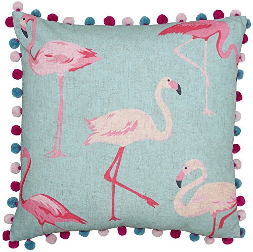 Riva Paoletti Flamingo Square Cushion Cover - Flamingo Print on Linen Fabric - Pompom Edges - Hidden Zip Closure - Duck Egg Blue and Pastel Pink - 100% Polyester - 50 x 50cm (20 x 20 inches)