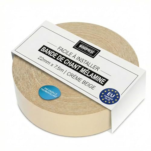 WoodPress® 22mm Beige Cream Pre-Glued Melamine Edging Tape 7.5m | Edge Banding Roll, Hot-Melt Glue, Professional Flexible Trim for Fast Furniture Repair, Cabinet & Shelf Finishing, Iron-On