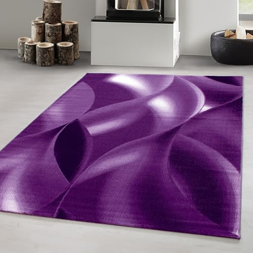 Carpetsale24 Teppich 120x170 cm Lila Kurzflor Abstrakt Wellen Design Moderner Teppich für Wohnzimmer Schlafzimmer Flur Küche Esszimmer Kinderzimmer Pflegeleicht Weich