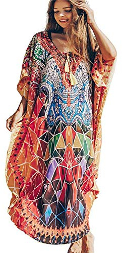 Lazz1on Donna Abito da Spiaggia Lungo Maxi Kaftan Parei Copri Bikini Costume da Bagno Cover Up