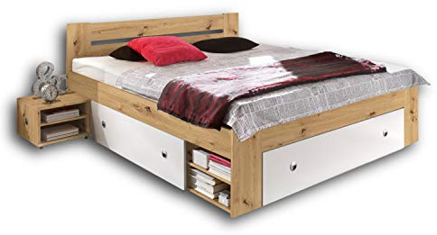 Stella Trading Stefan Moderne Doppelbett Bettanlage 180 x 200 cm mit 2x Nachtkommoden - Schlafzimmer Komplett-Set in Artisan Eiche Optik, Weiß - 185 x 86 x 204 cm (B/H/T)